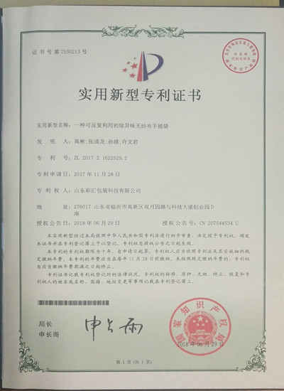 山東彩匯包裝科技有限公司專利證書9
