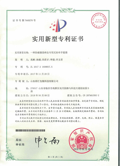 山東彩匯包裝科技有限公司專利證書1